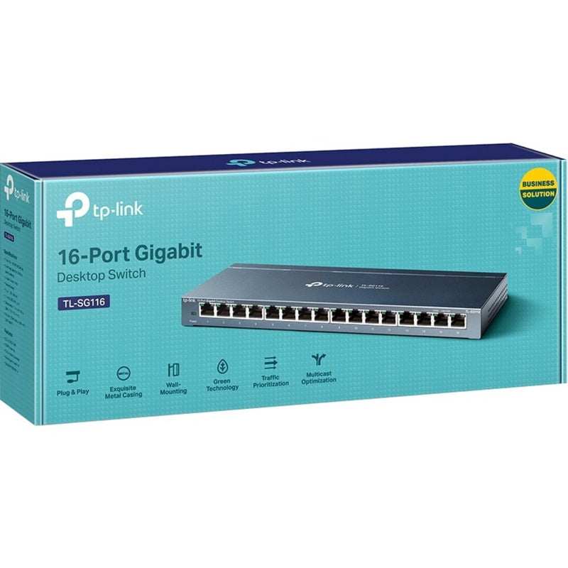 TP-Link TL-SG116 retail package showing product features and specifications