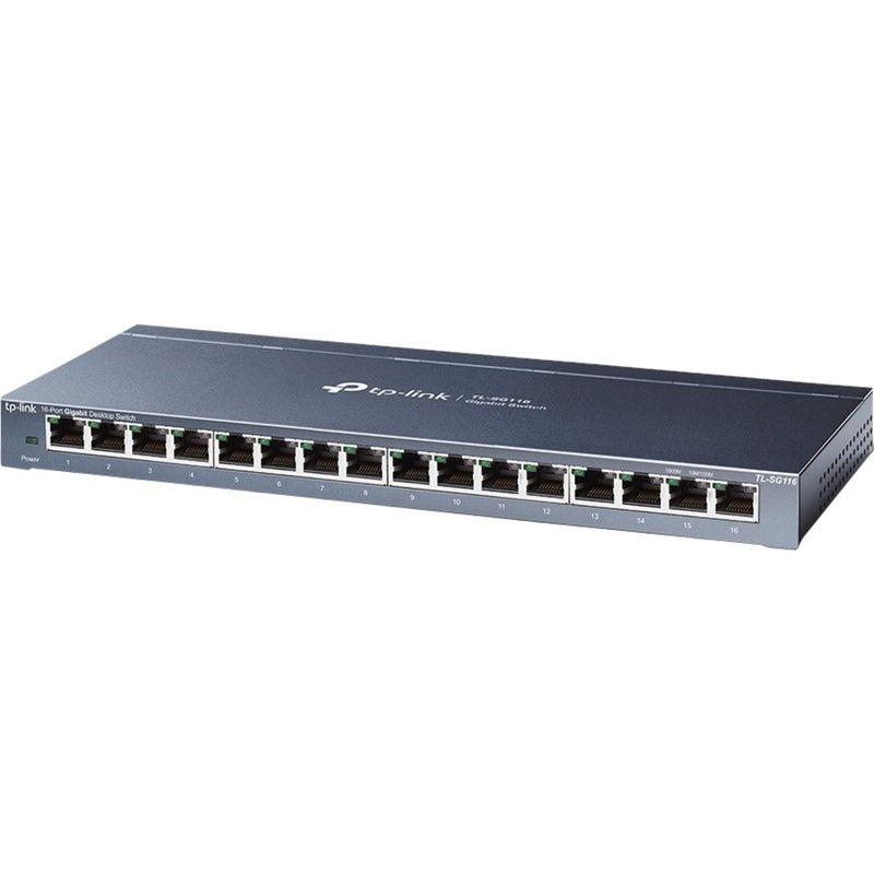 Angled perspective of TP-Link TL-SG116 switch showing sleek metal design and port layout