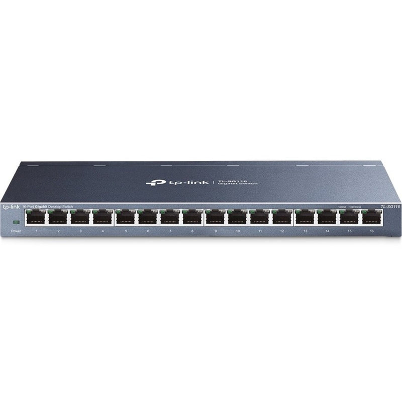 Front view of TP-Link TL-SG116 16-port Gigabit Ethernet switch showing all network ports