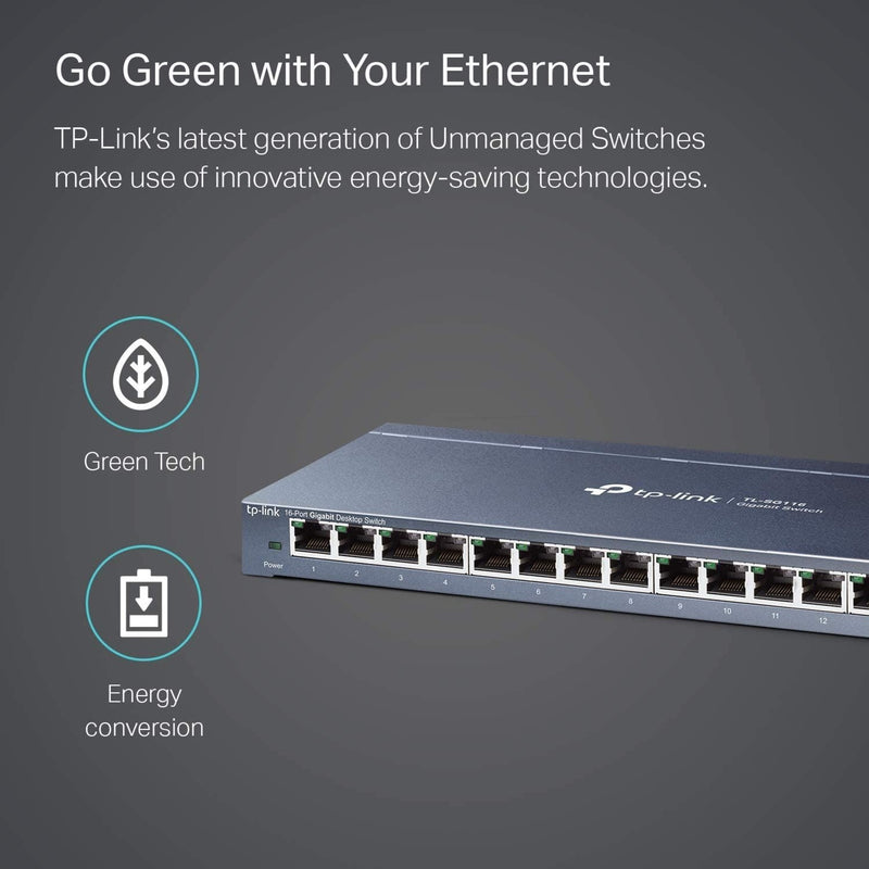 Promotional image highlighting the green technology features of the TP-Link switch