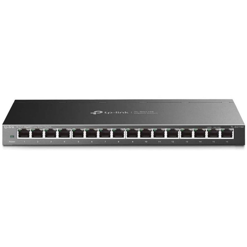 Front view of TP-Link TL-SG116E 16-port Gigabit ethernet switch showing all ports and power indicator