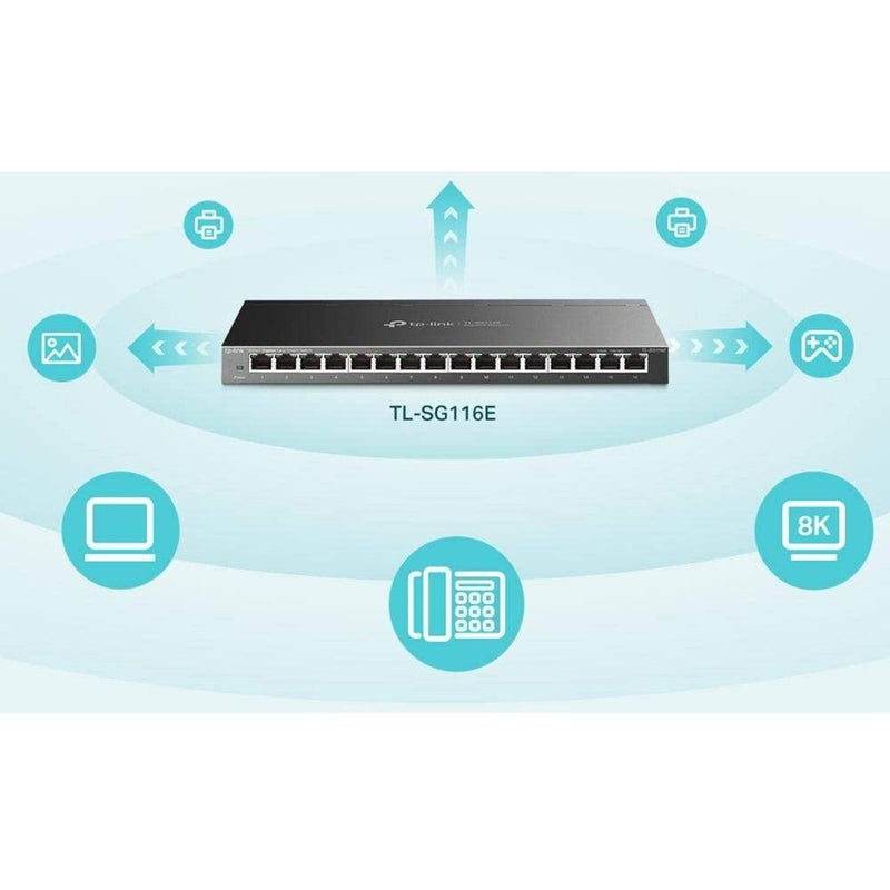 Infographic showing various devices and applications supported by TL-SG116E switch