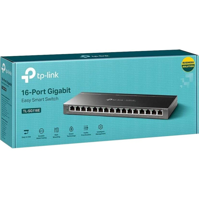 Retail packaging of TP-Link TL-SG116E switch showing product image and key features