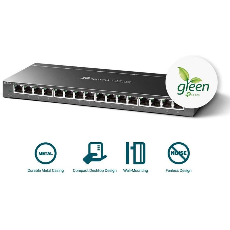 Side view of TL-SG116E switch with icons showing key features including metal casing and fanless design