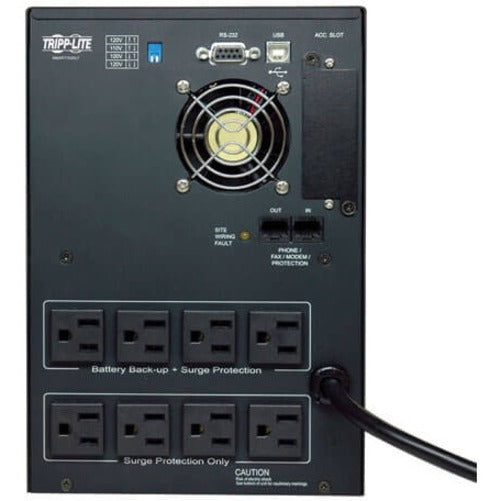 Rear panel view of Tripp Lite SMART750SLT UPS showing outlets and connectivity ports-alternate-image3