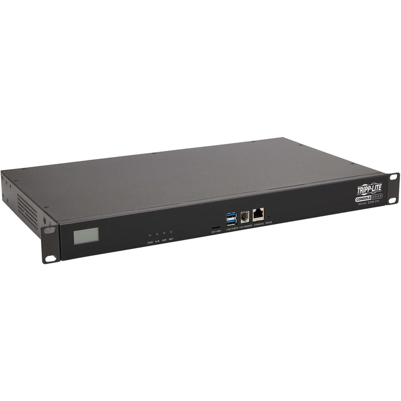 Front view of Tripp Lite B098-016 16-Port Serial Console Server showing USB ports, LCD display, and status indicators