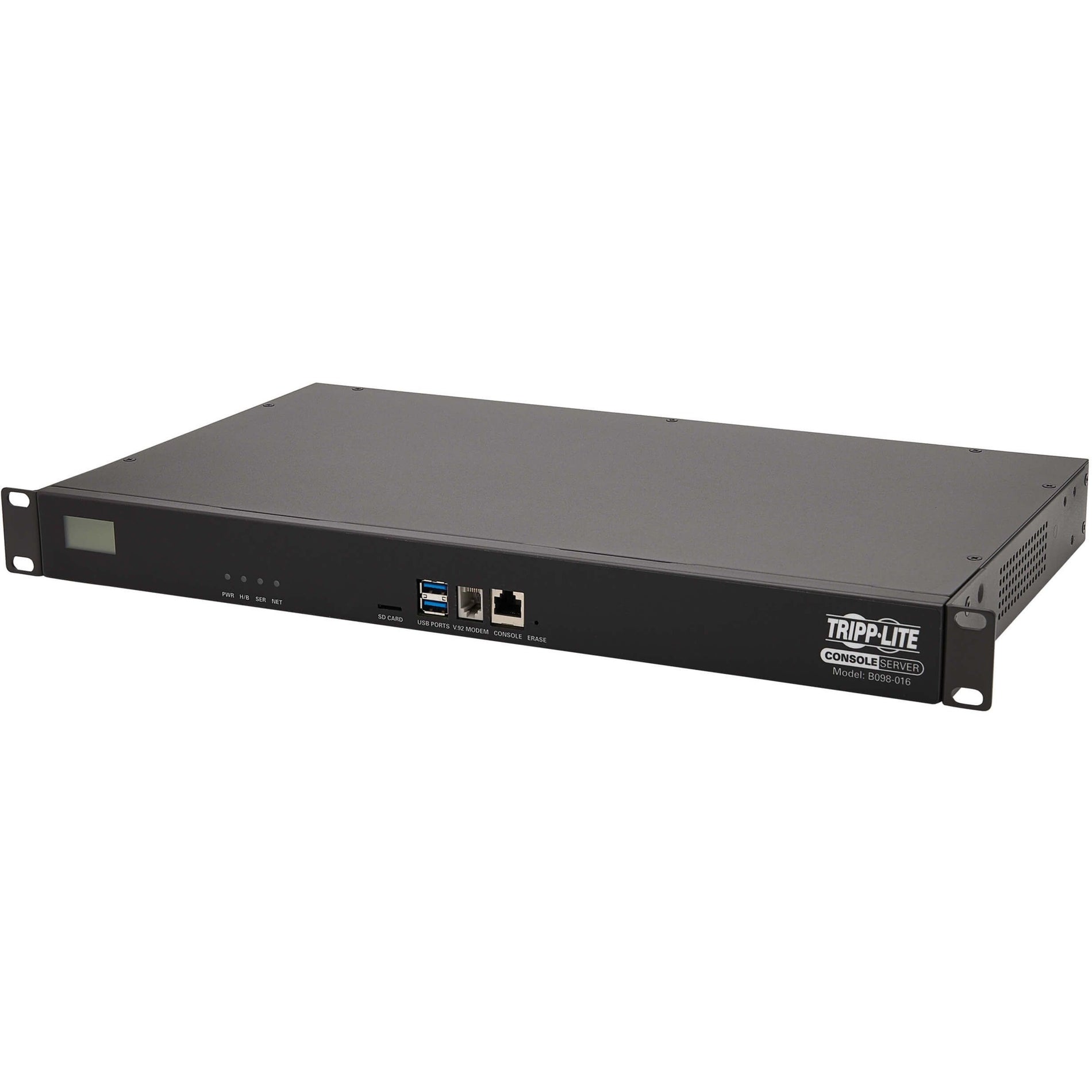 Angled view of Tripp Lite B098-016 console server showing compact 1U design and front panel interfaces-alternate-image3