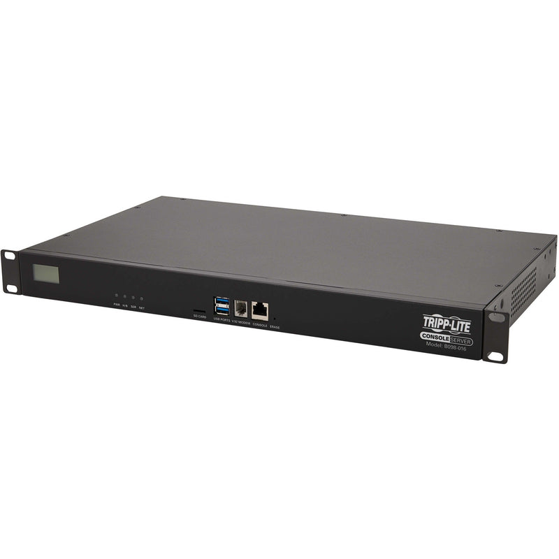 Angled view of Tripp Lite B098-016 console server showing compact 1U design and front panel interfaces