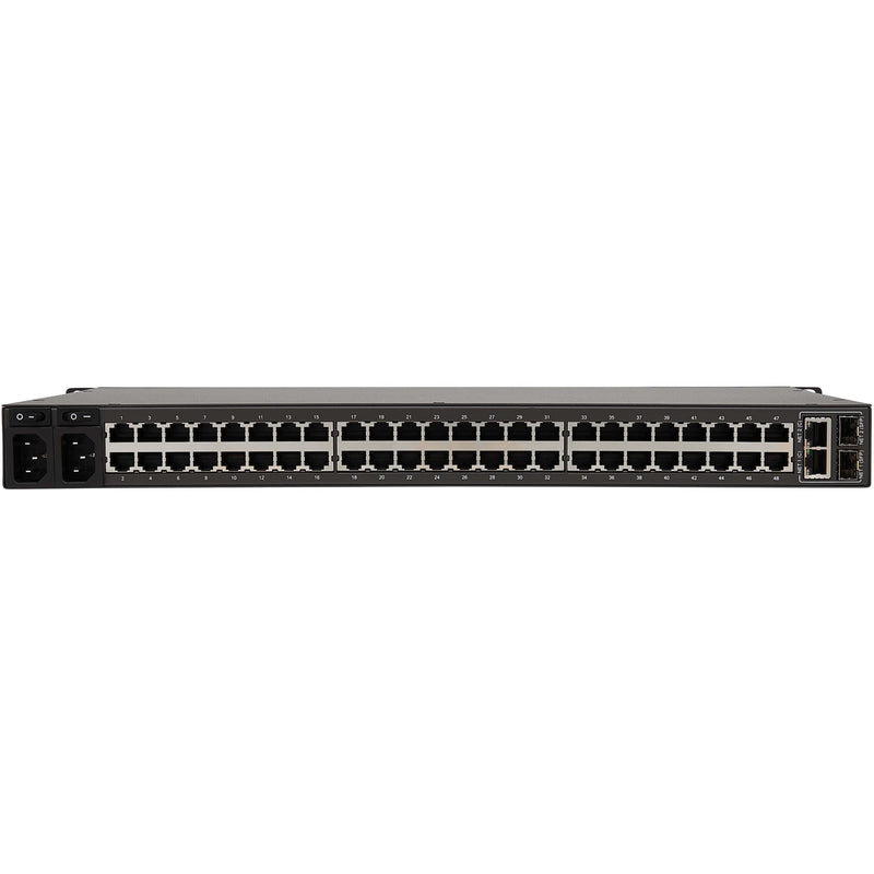 Rear view of Tripp Lite B098-048 showing 48 serial ports, power supplies, and SFP uplink ports