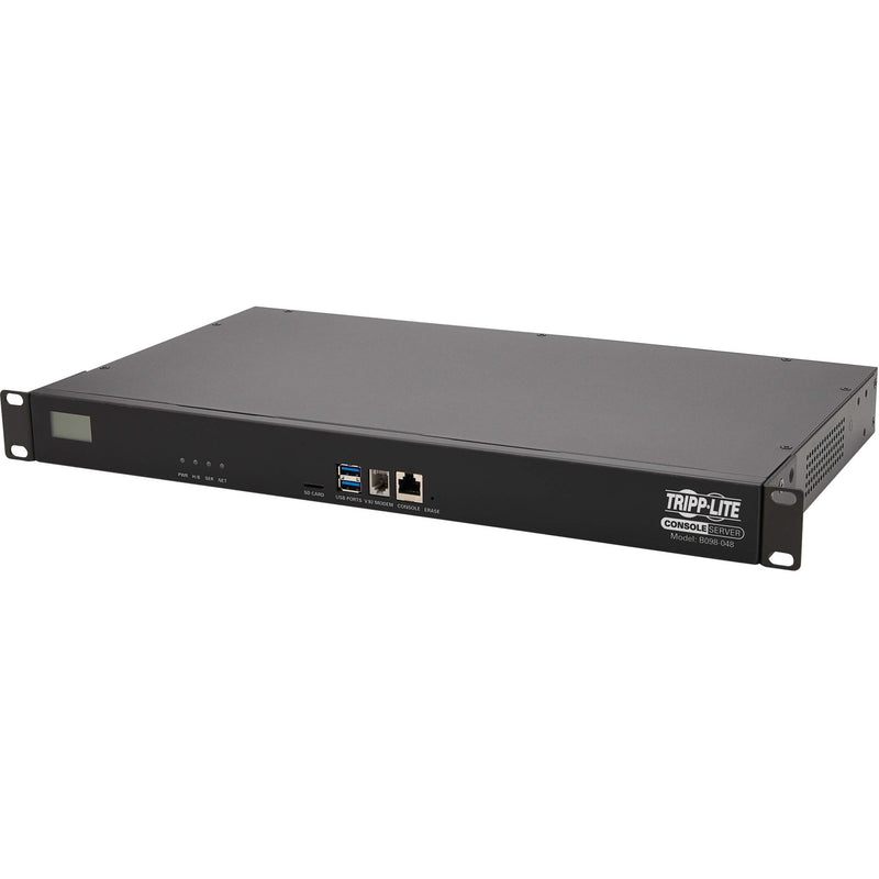 Angled view of Tripp Lite B098-048 showing 1U rack mount design and front panel interfaces