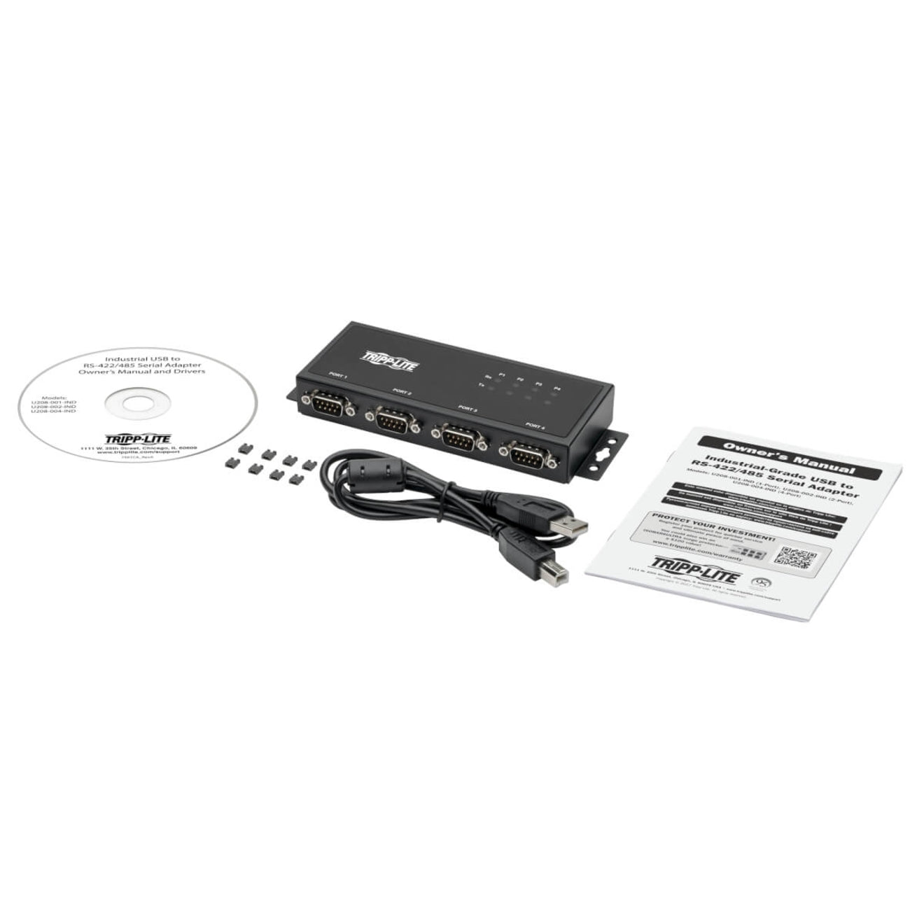 Complete package contents of U208-004-IND including adapter, USB cable, jumpers, CD, and manual-alternate-image5