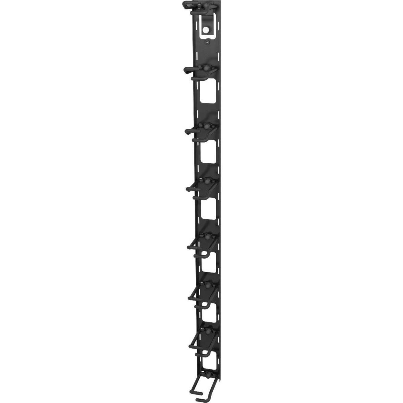 Vertiv VRA1021 0U vertical cable organizer with 8 black metal cable rings mounted vertically for rack cable management-alternate-image1