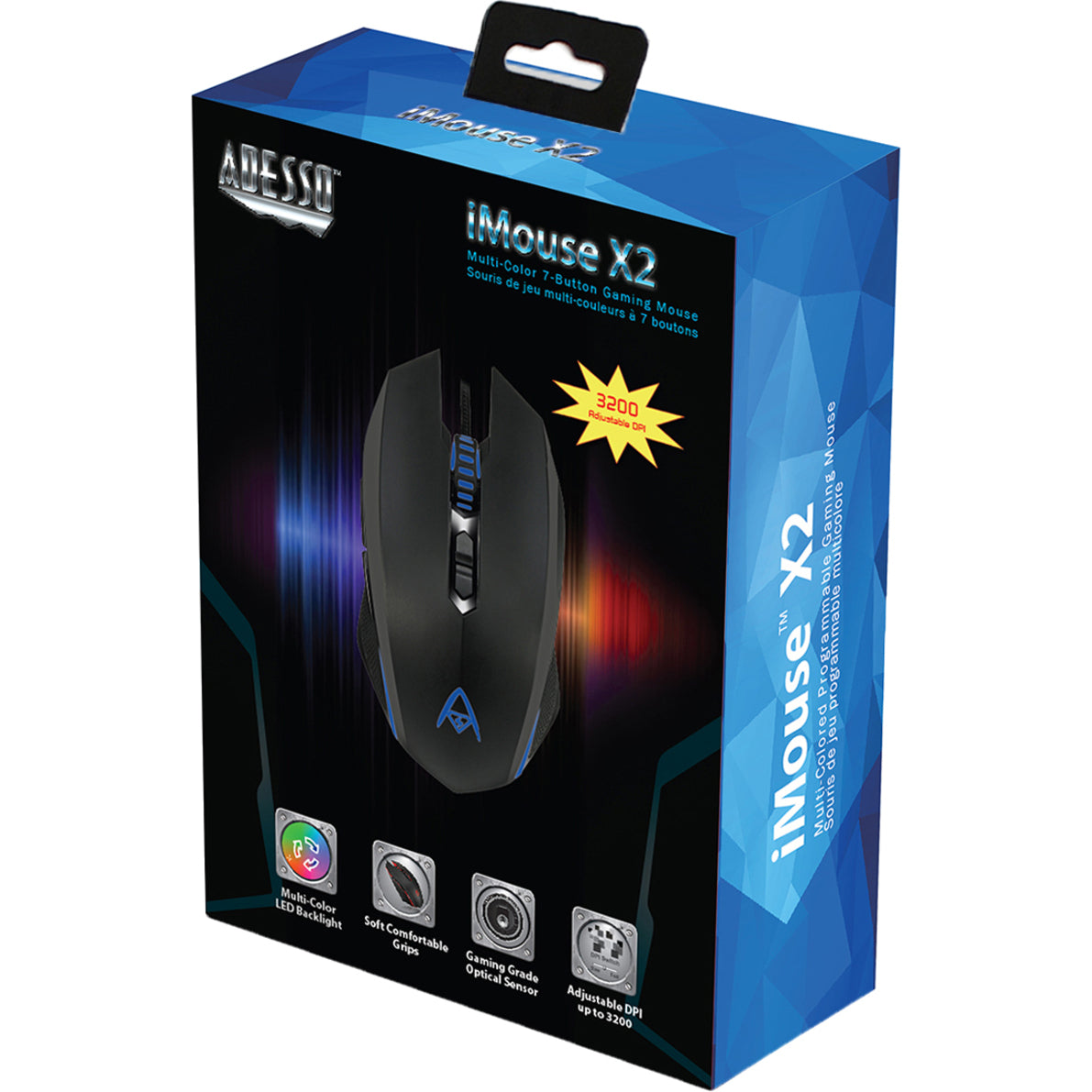 Adesso IMOUSE  X2 Multi-Color 7-Button Programmable Gaming Mouse, Ergonomic Fit, 3200 DPI, Windows 10 Compatible