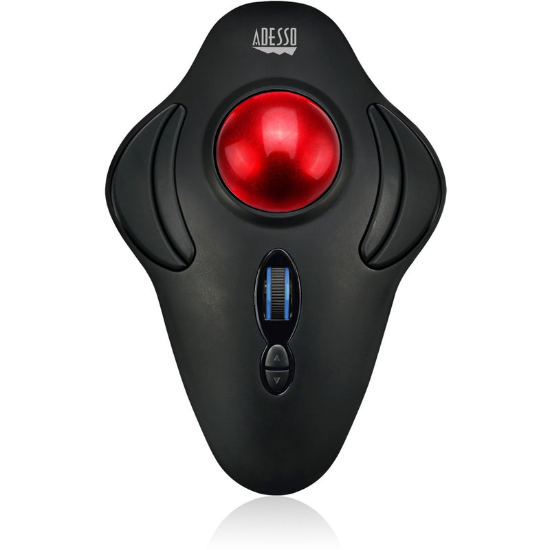 Top view of Adesso iMouse T40 wireless trackball mouse showing red trackball and ergonomic design