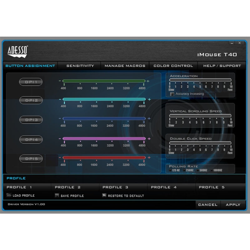 Screenshot of Adesso iMouse T40 DPI and performance settings interface