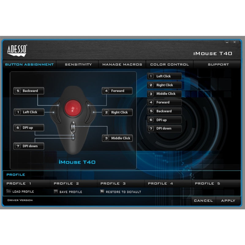 Screenshot of Adesso iMouse T40 button configuration software interface