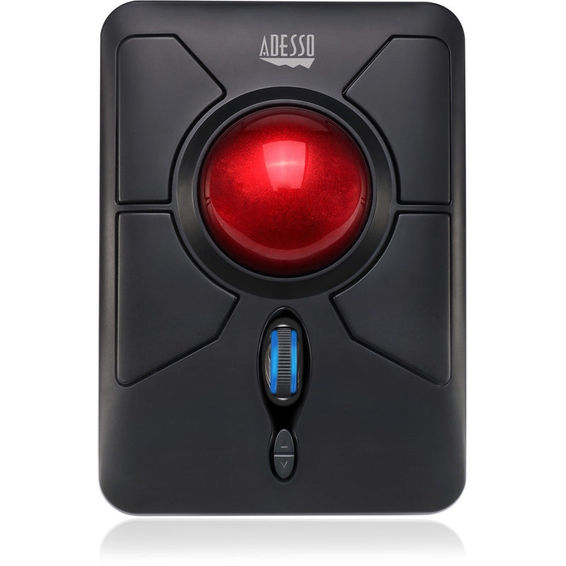 Top view of Adesso iMouse T50 wireless trackball mouse featuring large red trackball and black geometric housing design