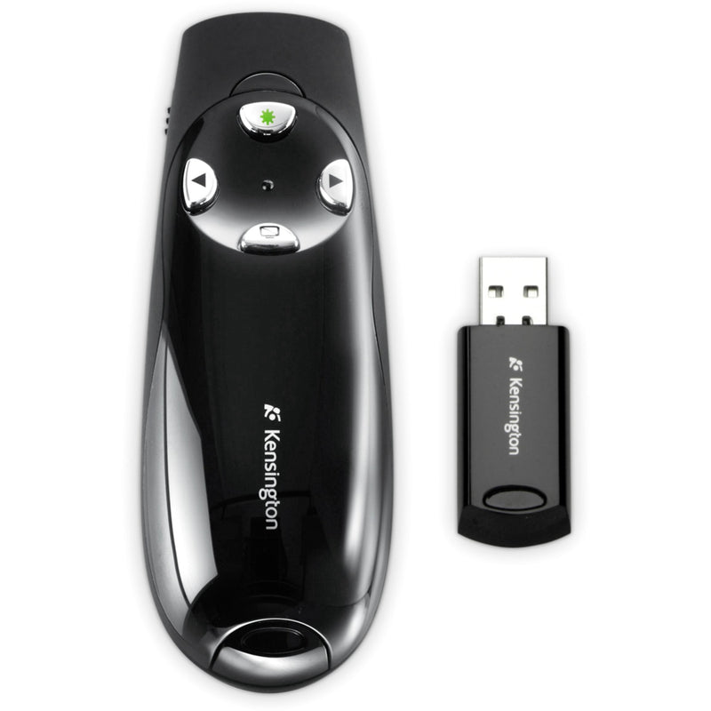 Kensington wireless presenter with USB receiver showing four-button control interface and green laser pointer