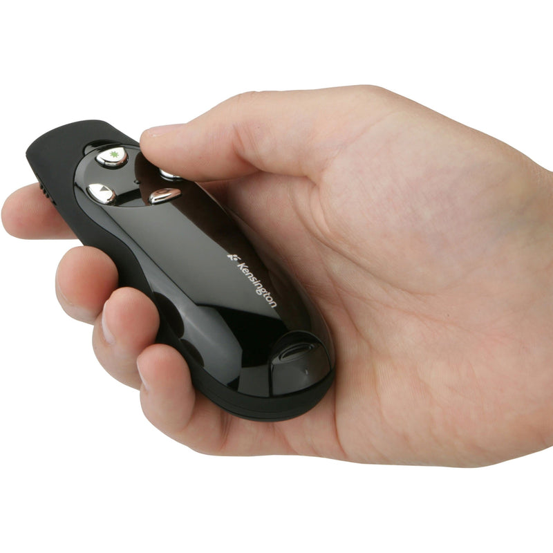 Hand holding Kensington presenter showing ergonomic grip and natural button access