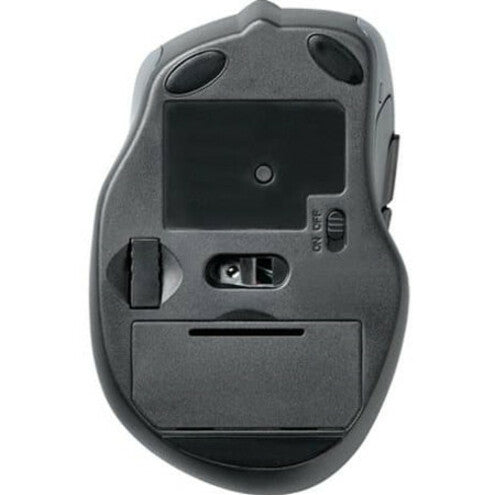 Bottom view of Kensington Pro Fit wireless mouse showing battery compartment and power switch