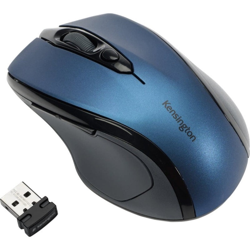 Kensington Pro Fit wireless mouse in sapphire blue with nano receiver, showing ergonomic design and scroll wheel