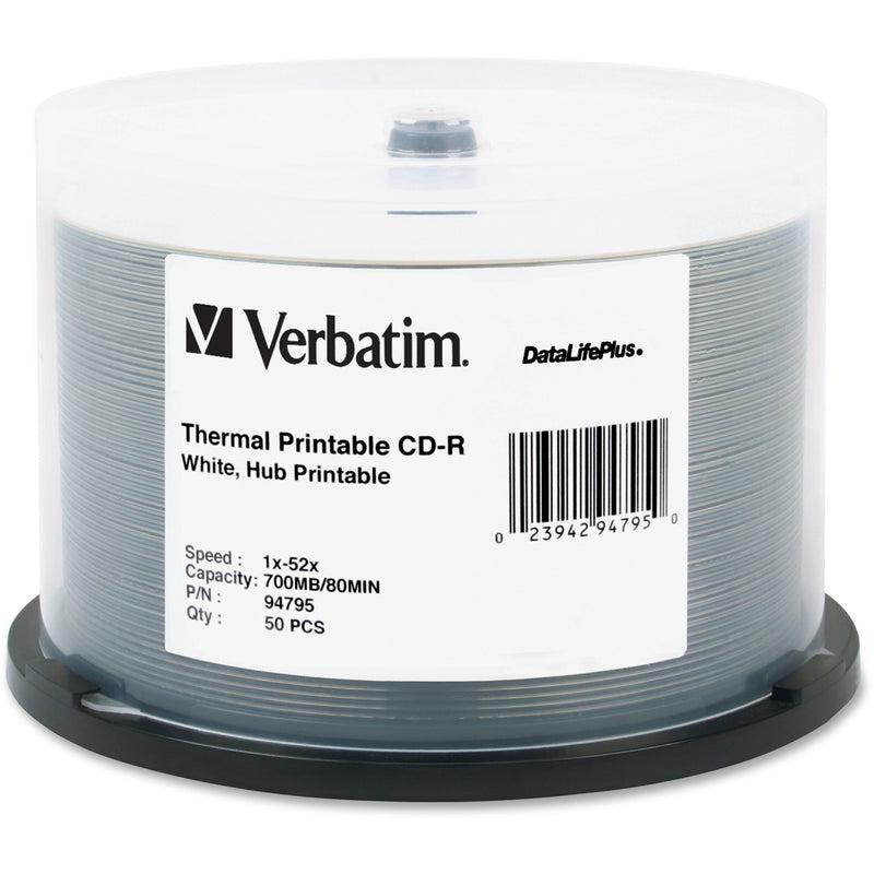 Stack of 50 Verbatim DataLife Plus white thermal printable CD-Rs in a clear spindle case with product label