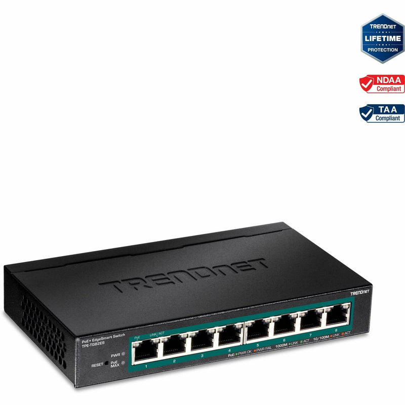 Front view of TRENDnet TPE-TG82ES 8-port Gigabit EdgeSmart PoE+ switch showing all ports and LED indicators