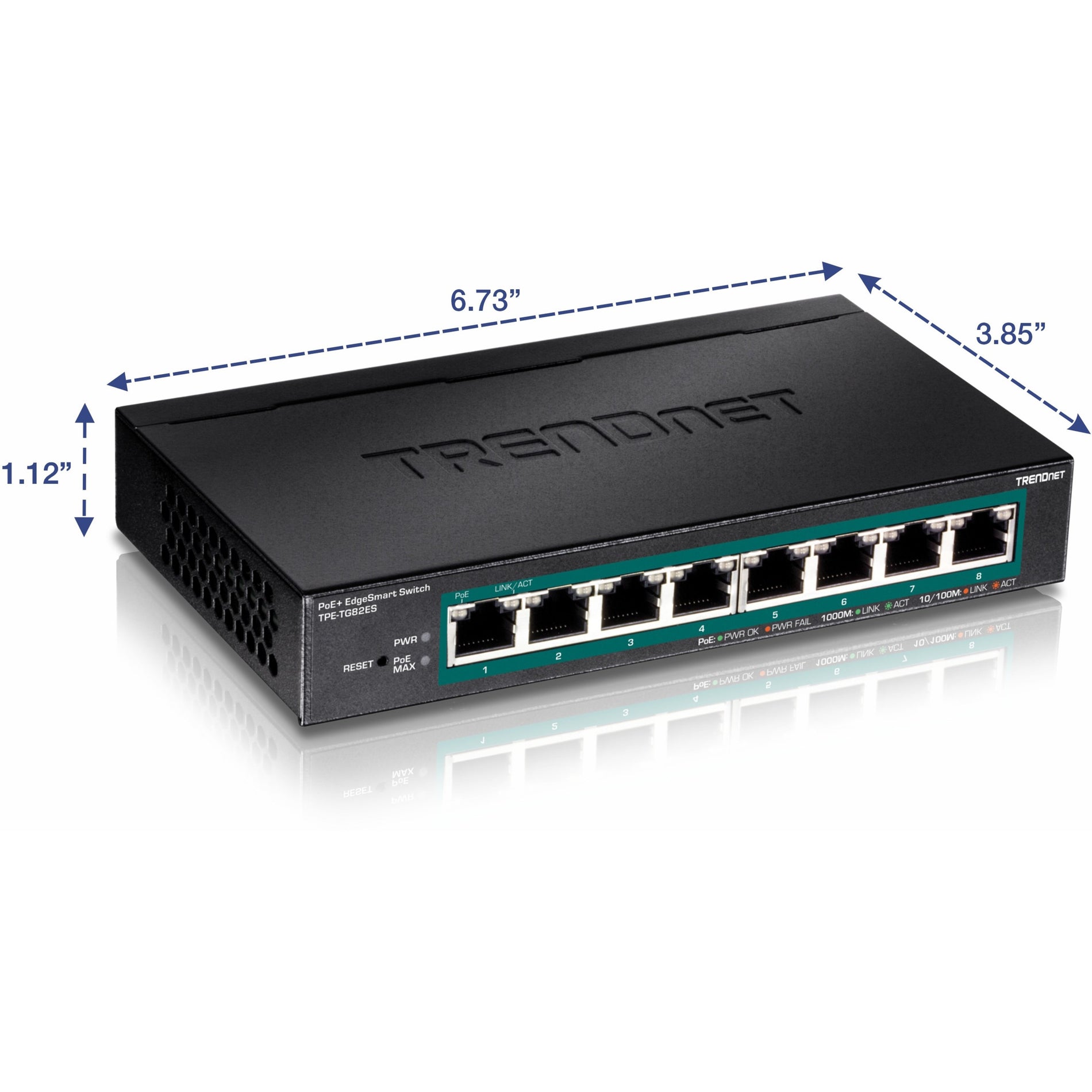TRENDnet TPE-TG82ES Commutateur PoE+ EdgeSmart Gigabit 8 ports Budget de puissance de 64 W Montable en mur Protection à vie