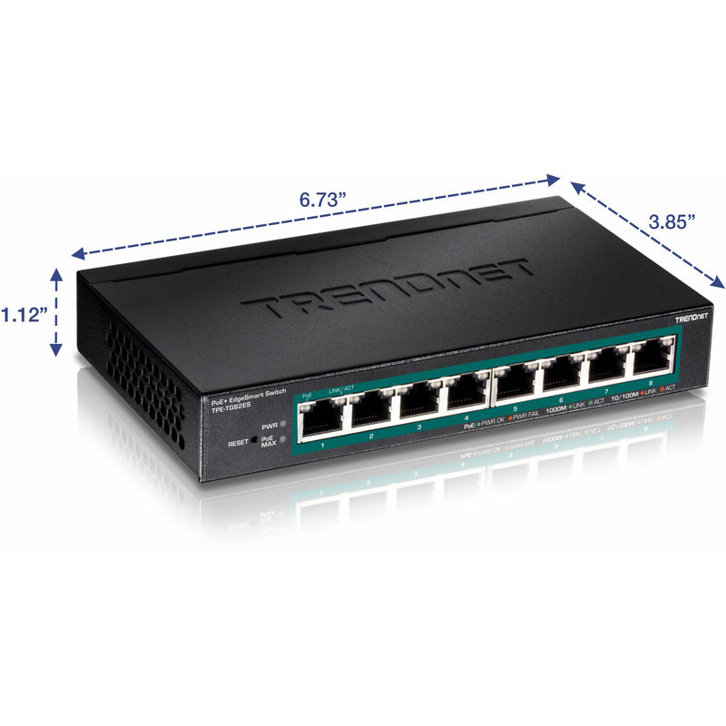 Side view of TRENDnet TPE-TG82ES switch with dimensional measurements clearly displayed