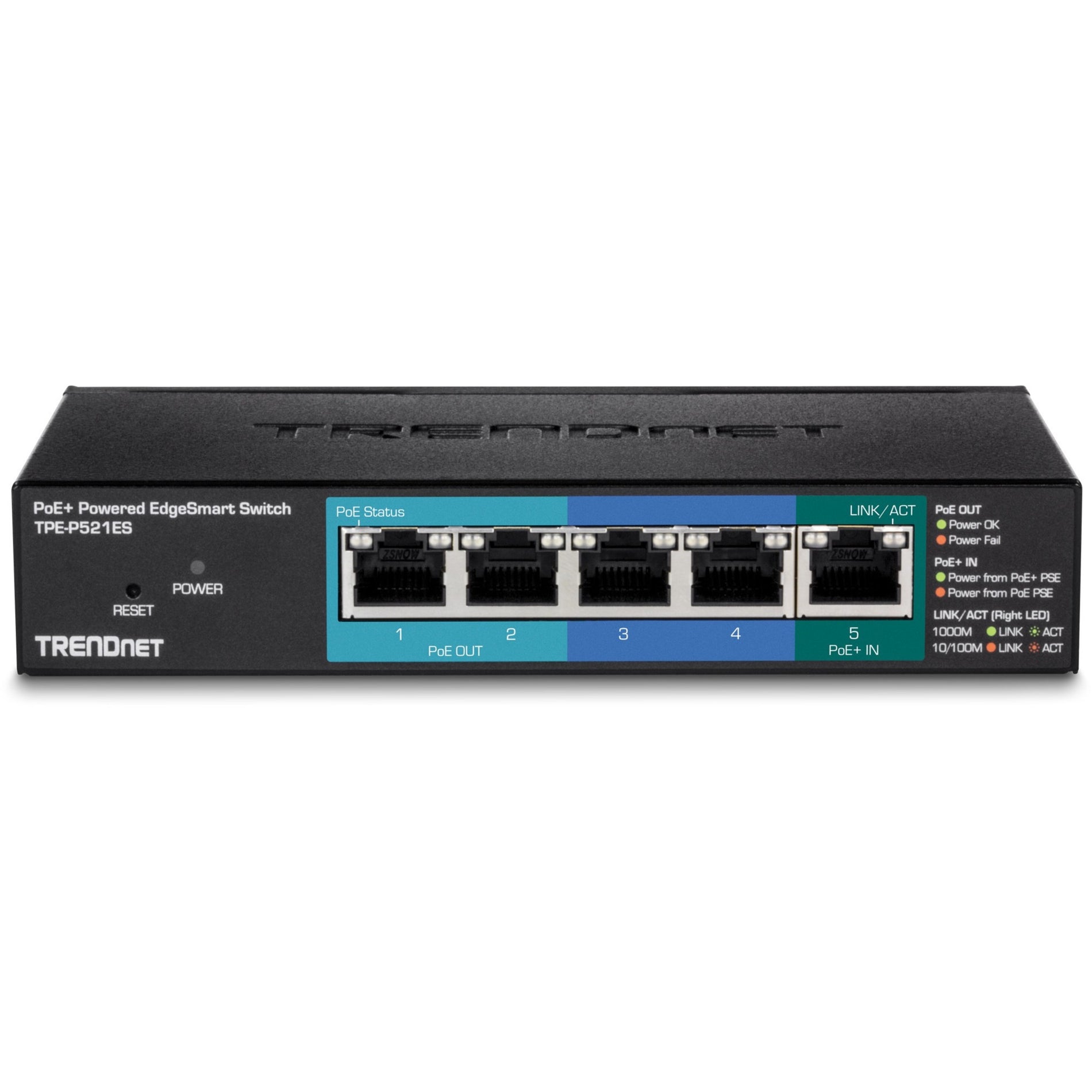 TRENDnet TPE-P521ES Interrupteur EdgeSmart PoE+ Alimenté 5 Ports Gigabit avec Pass Through PoE Budget PoE de 18W Capacité de commutation de 10 Gbps