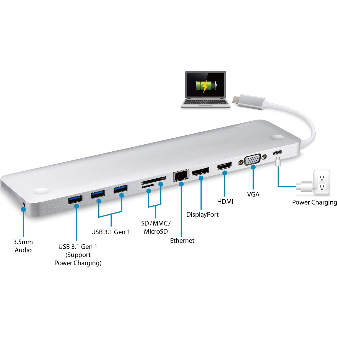 ATEN UH3234 USB-C Multiport Dock with Power Pass-Through, 4 USB Ports, VGA, HDMI, DisplayPort, RJ-45, Headphone/Microphone Combo Port