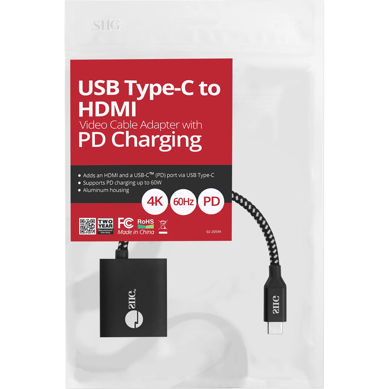 Product packaging showing SIIG USB-C to HDMI adapter features and specifications