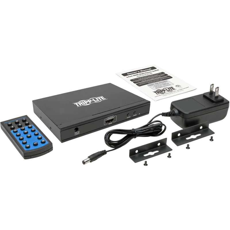 Complete package contents of Tripp Lite HDMI multi-viewer including remote control, power supply, and mounting hardware