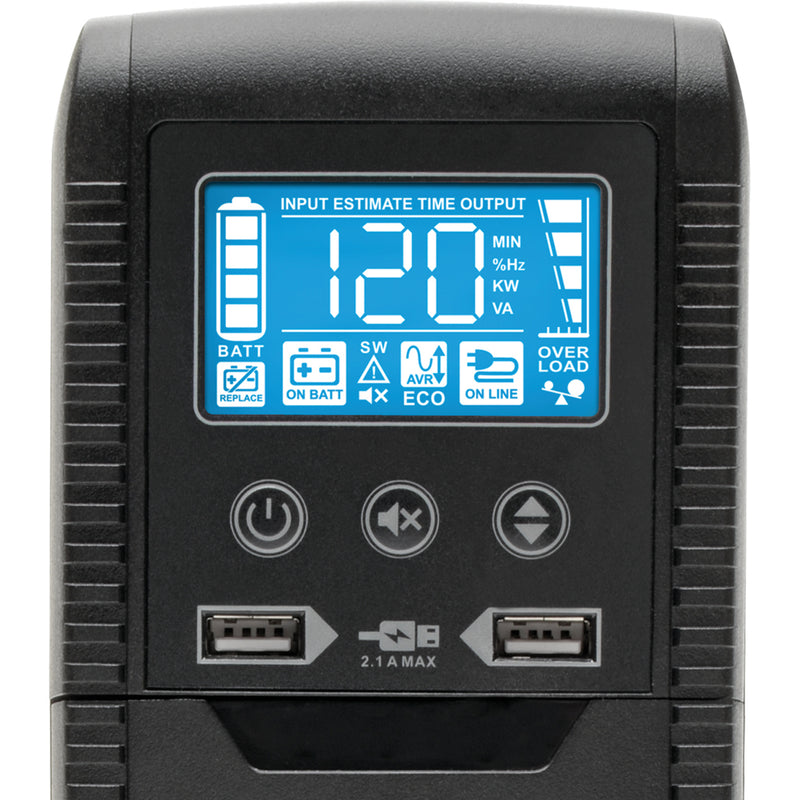 Close-up of Tripp Lite ECO1000LCD UPS LCD display showing system status