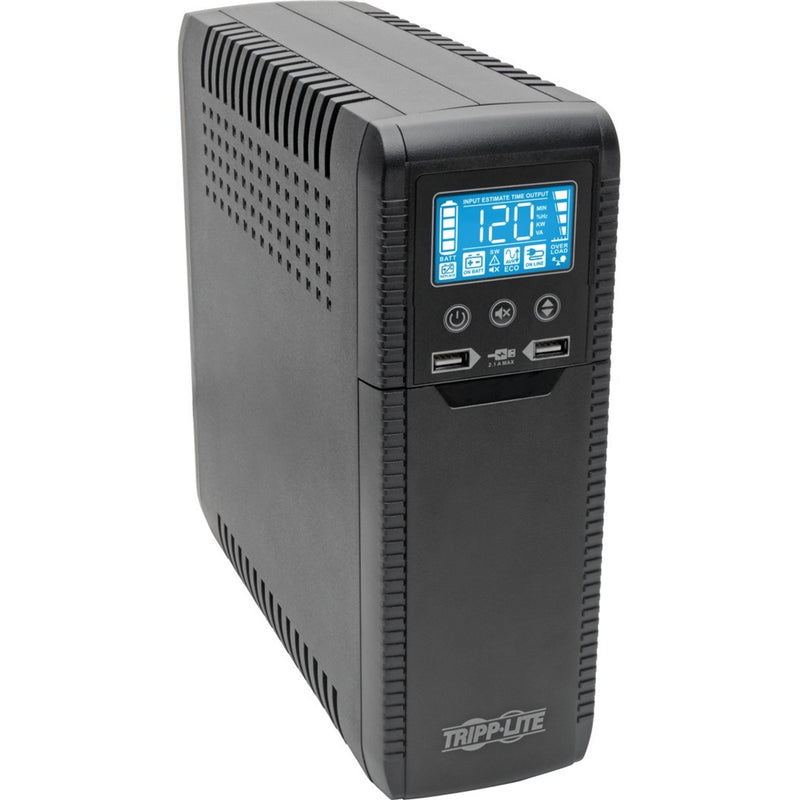 Front view of Tripp Lite ECO1000LCD UPS showing LCD display panel and USB ports