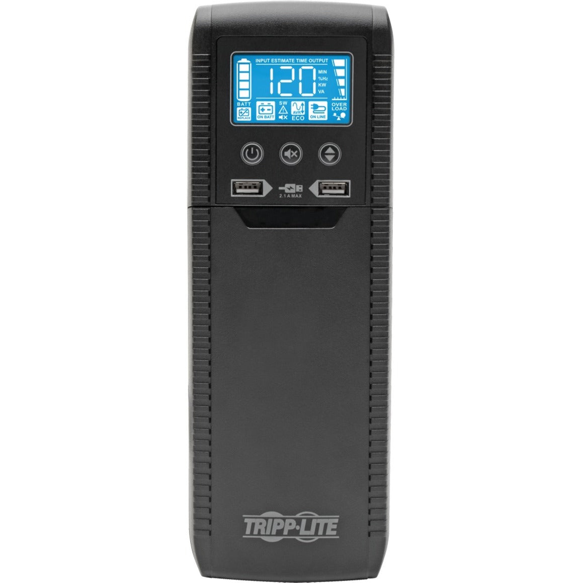 Full front view of Tripp Lite ECO1000LCD UPS tower showing control interface and ventilation design-alternate-image2