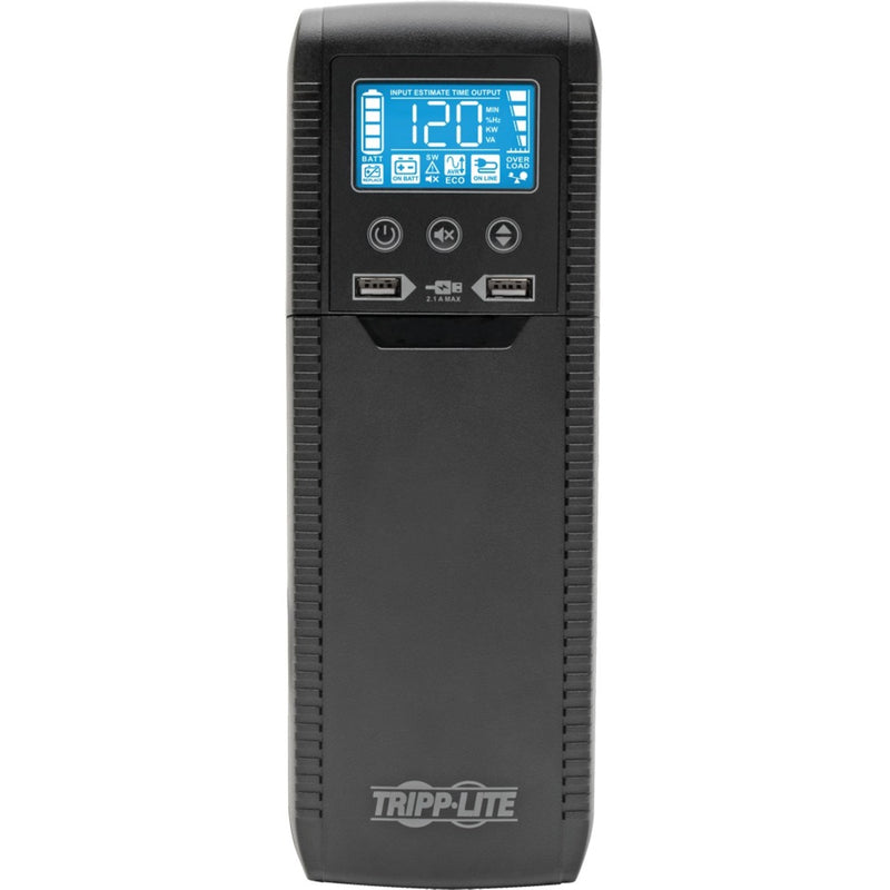 Full front view of Tripp Lite ECO1000LCD UPS tower showing control interface and ventilation design