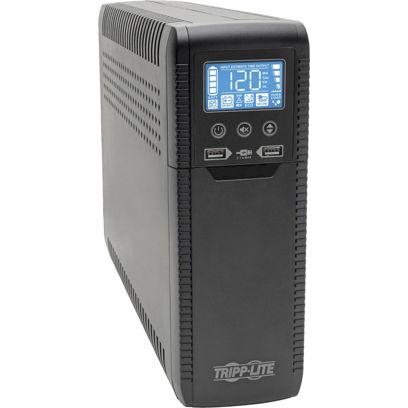 Front view of Tripp Lite ECO1500LCD UPS showing LCD display panel with power monitoring interface and USB ports