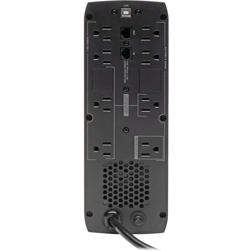 Rear view of Tripp Lite ECO1500LCD UPS showing output receptacles and communication ports