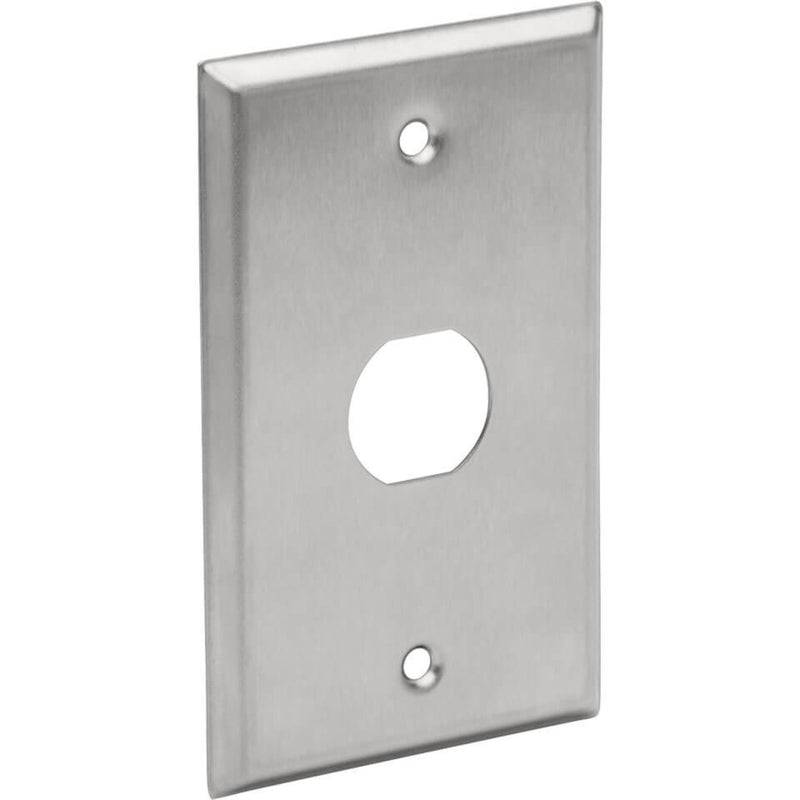 Front view of stainless steel industrial RJ45 wall plate with single cutout and mounting holes