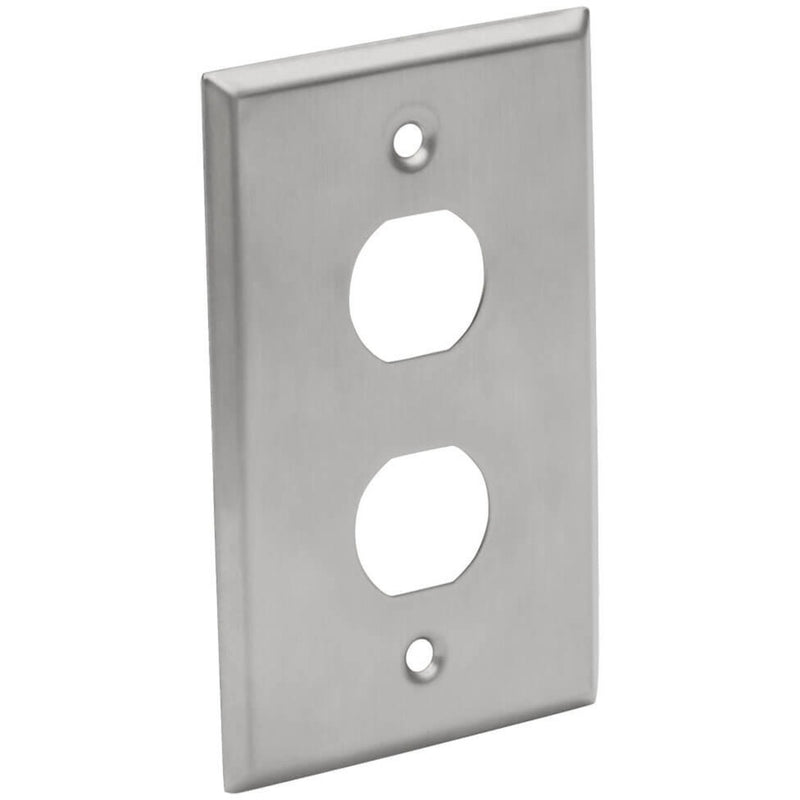 Front view of stainless steel industrial wall plate with two RJ45 cutouts