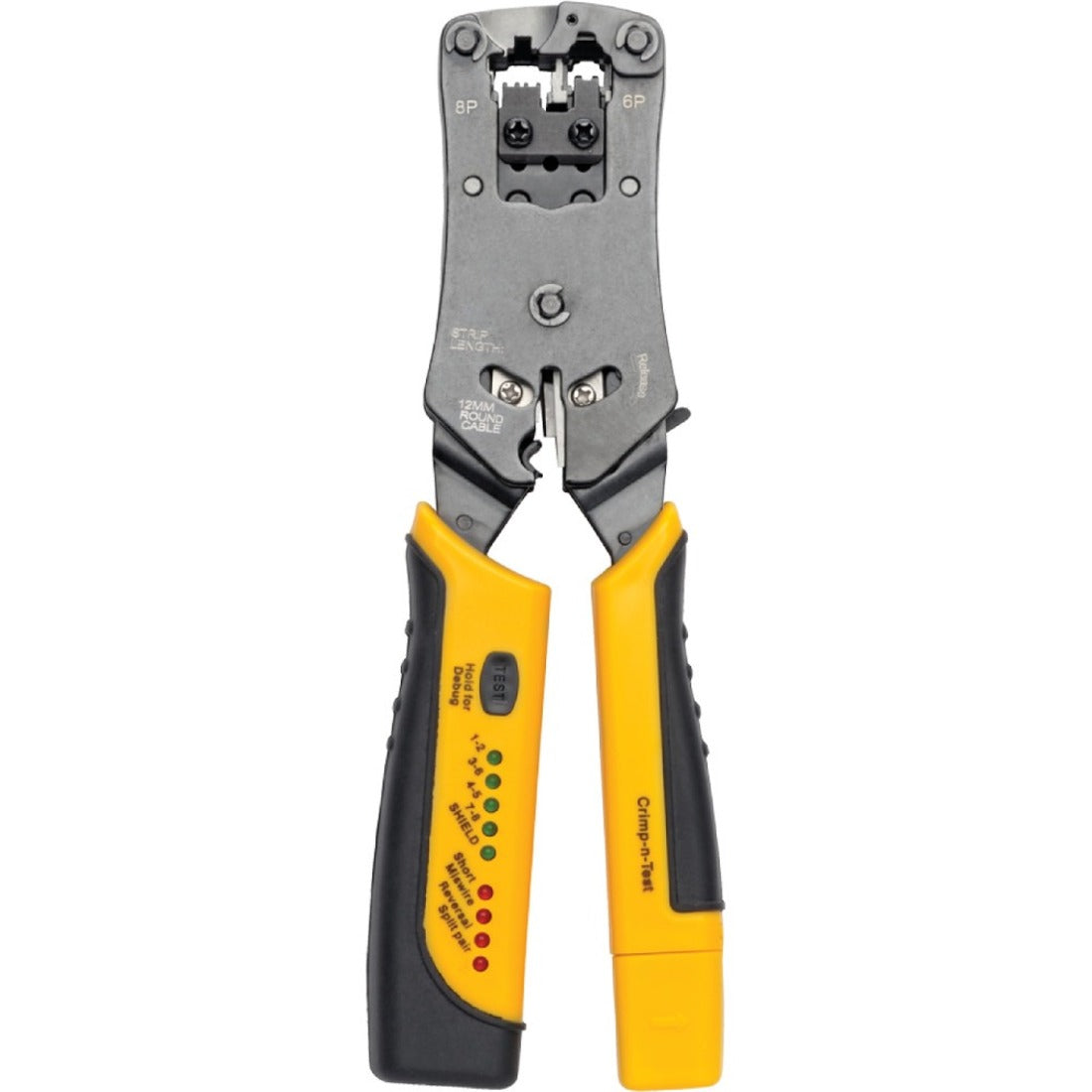 Front view of Tripp Lite T100-001-TST crimping tool showing LED diagnostic display and ergonomic yellow/black handles-alternate-image1