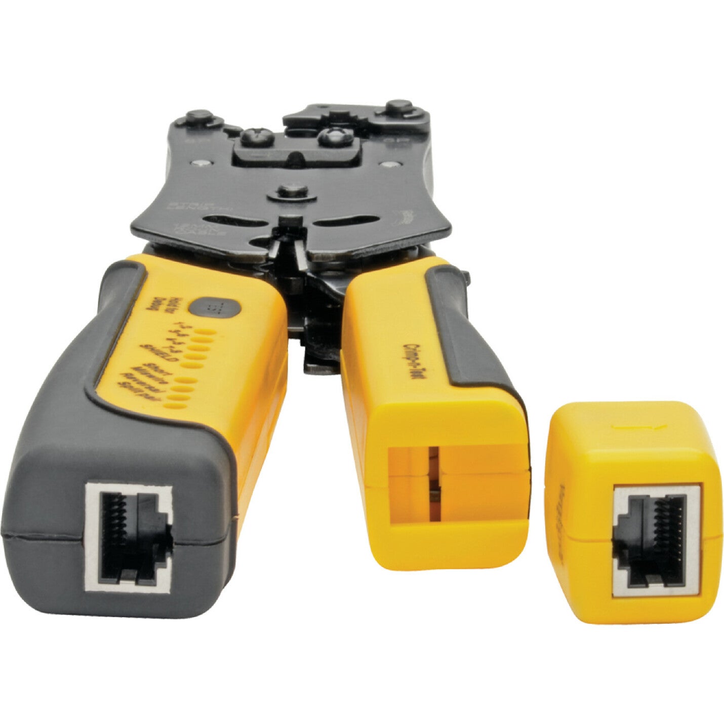 Close-up of Tripp Lite crimper showing detachable remote testing unit and RJ45 ports-alternate-image2