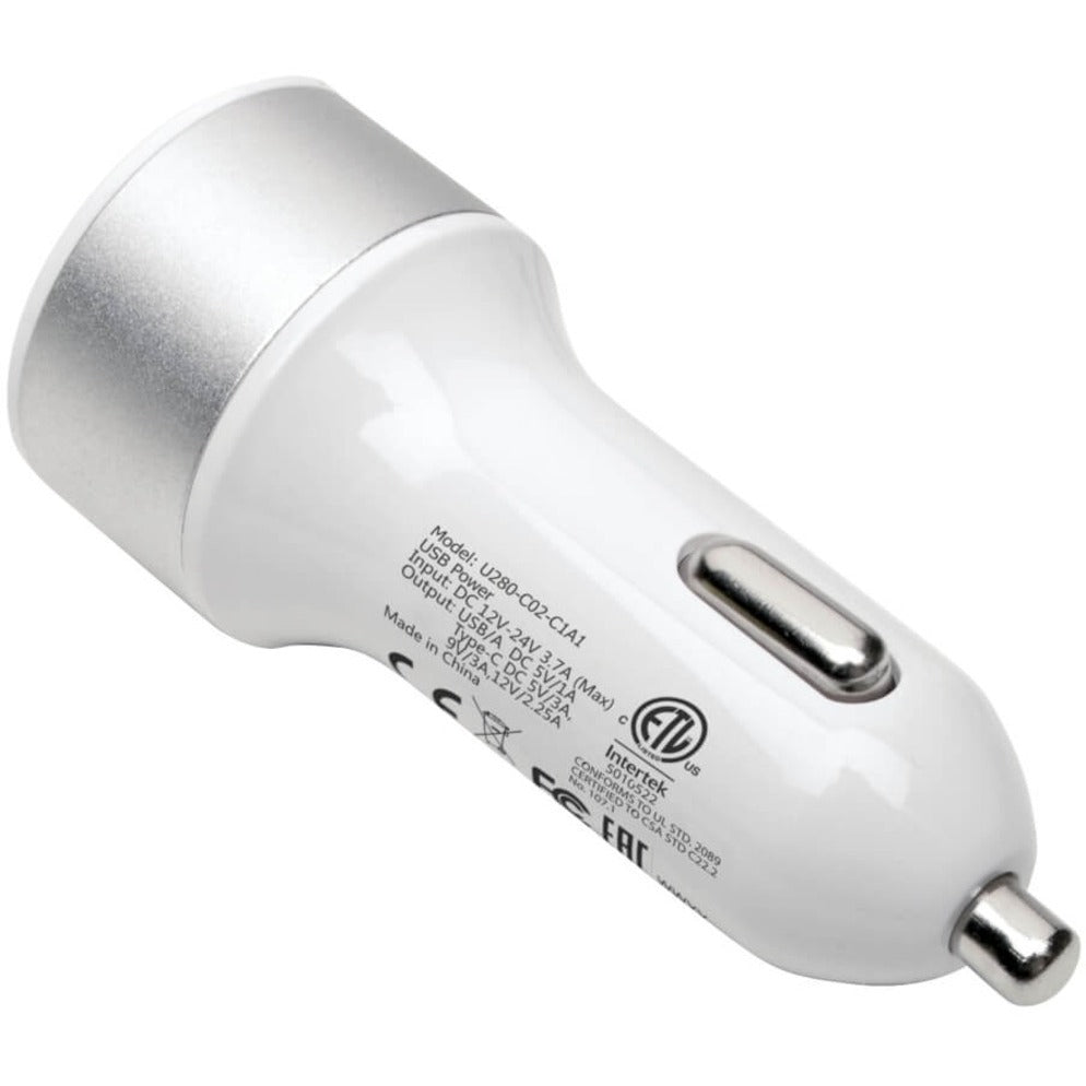 Side view of Tripp Lite car charger showing safety certifications and specifications-alternate-image2