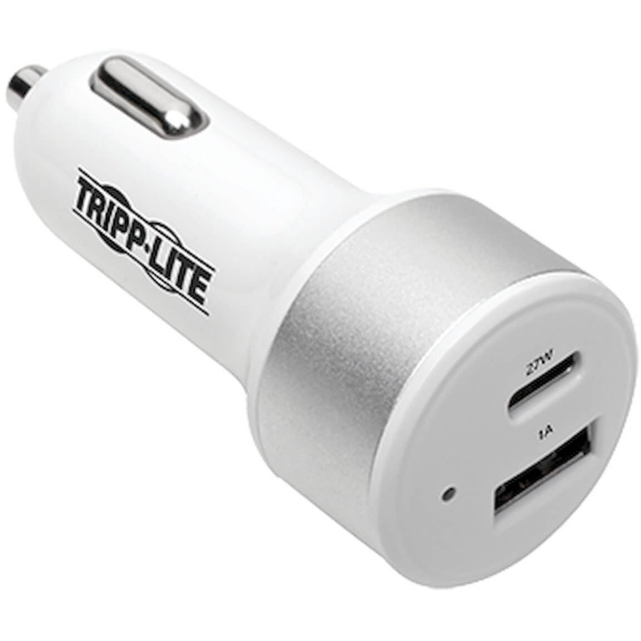 White Tripp Lite dual-port USB car charger with USB-C and USB-A ports shown from front angle-alternate-image1