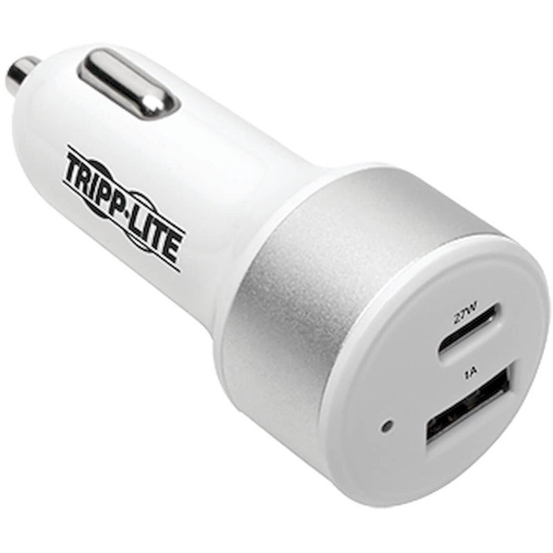 White Tripp Lite dual-port USB car charger with USB-C and USB-A ports shown from front angle