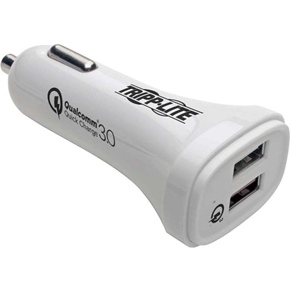 White Tripp Lite car charger with Qualcomm Quick Charge 3.0 and dual USB ports, side view-alternate-image1