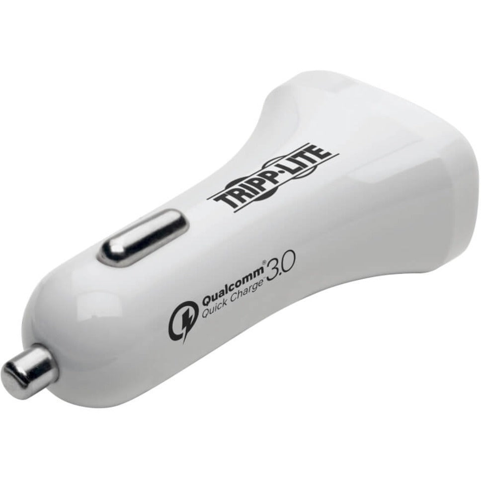 Angled view of white Tripp Lite car charger showing Qualcomm Quick Charge branding and sleek design-alternate-image2