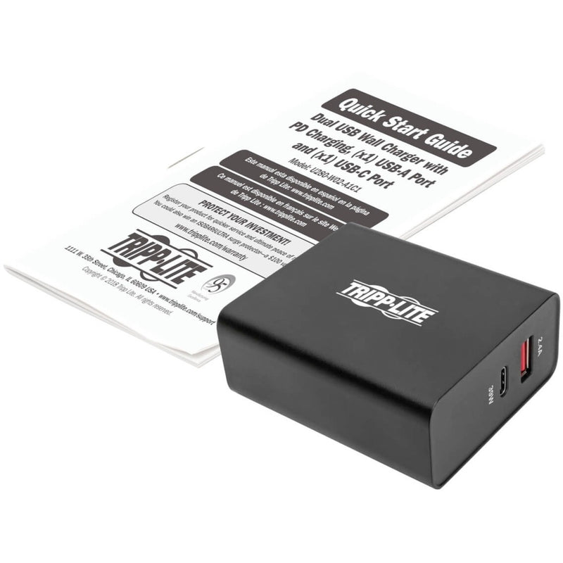 Tripp Lite charger with included quick start guide and documentation