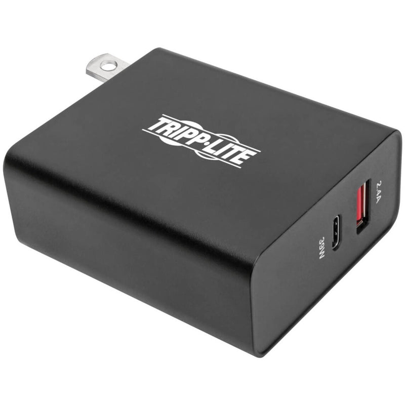 Front view of Tripp Lite dual USB wall charger showing USB-C and USB-A ports with brand logo